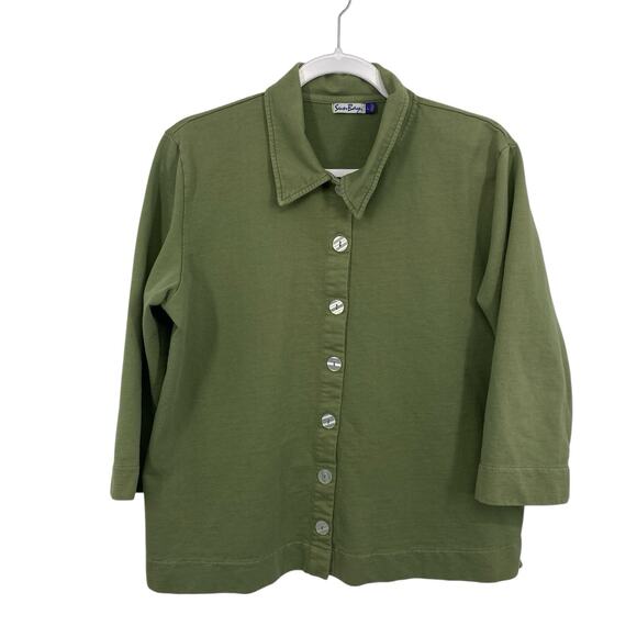 Sun Bay Boxy Collared Button Up Top Size Large Green Cotton 3/4 Sleeves Cardigan - Picture 1 of 9